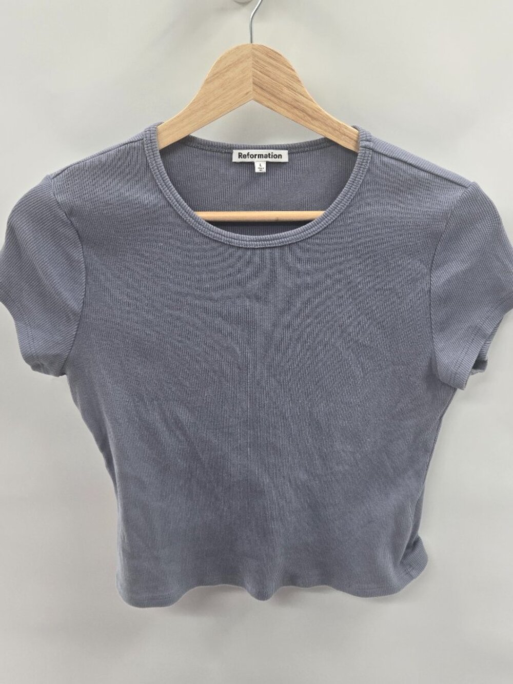 Reformation Grey Blue Fitted Ribbed Cropped Organic Cotton Baby Tee Shirt Large - Picture 1 of 8